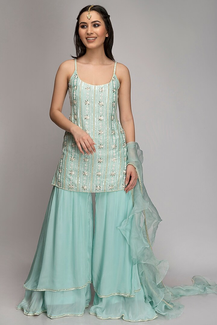 Light Turquoise Embroidered Gharara Set by TOJ by Akanksha and Akriti at Pernia's Pop Up Shop