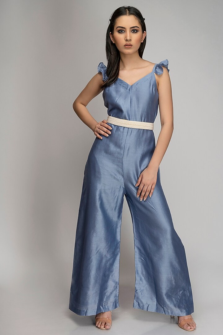 Steel Blue Embroidered Jumpsuit With Belt by TOJ by Akanksha and Akriti