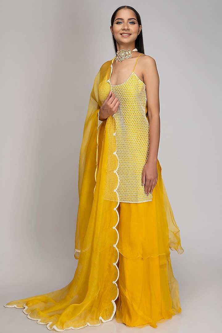 Mustard Embroidered Sharara Set by TOJ by Akanksha and Akriti