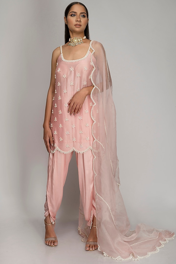 Baby Pink Embroidered Kurta Set by TOJ by Akanksha and Akriti