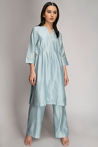 Steel Blue Chanderi Silk Kurta Set by TOJ by Akanksha and Akriti