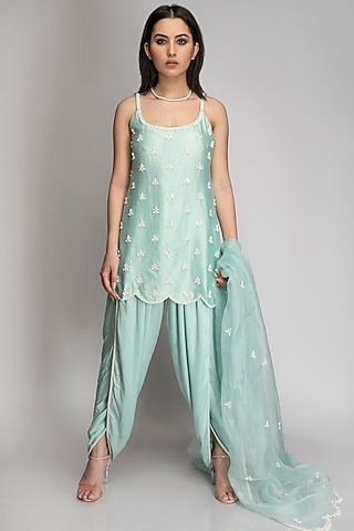 Steel Blue Embroidered Kurta Set by TOJ by Akanksha and Akriti