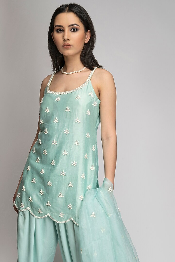 Steel Blue Embroidered Kurta Set by TOJ by Akanksha and Akriti at Pernia's Pop Up Shop