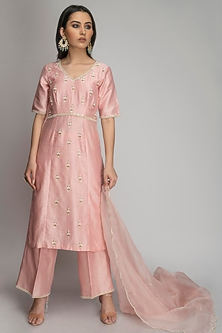 Light Pink Organza Embroidered Kurta Set by TOJ by Akanksha and Akriti