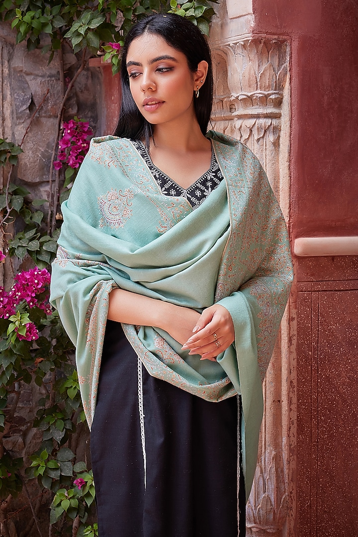 Dull Green Pure Pashmina Hand Embroidered Shawl by Toosh Kashmir
