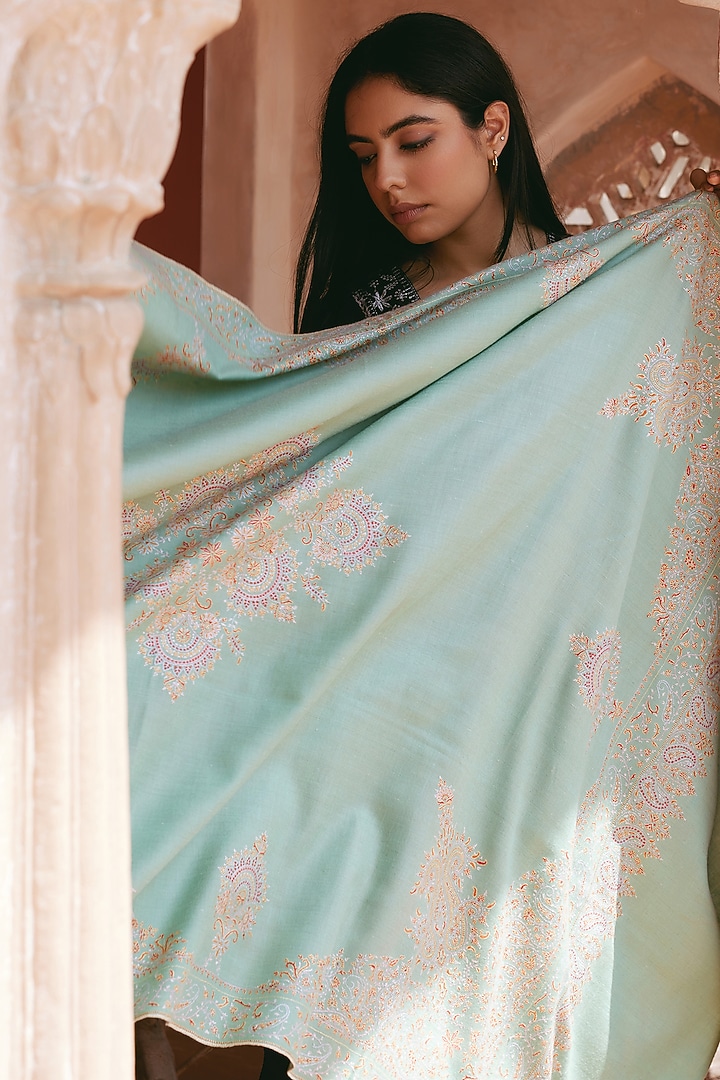 Dull Green Pure Pashmina Hand Embroidered Shawl by Toosh Kashmir at Pernia's Pop Up Shop