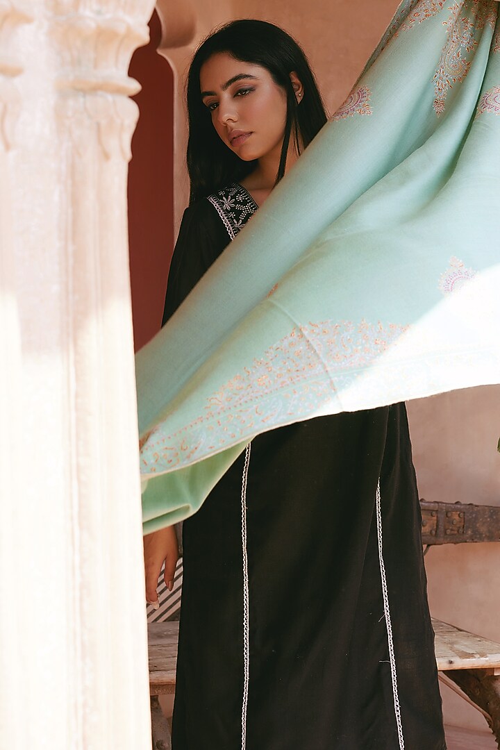 Dull Green Pure Pashmina Hand Embroidered Shawl by Toosh Kashmir at Pernia's Pop Up Shop