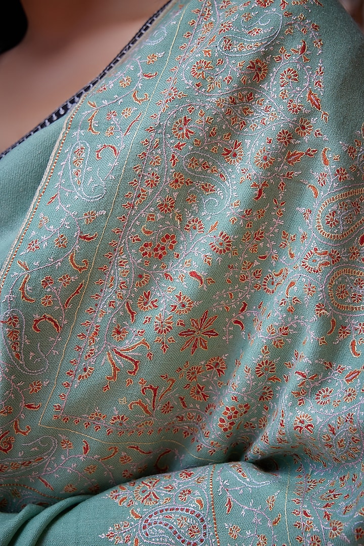 Dull Green Pure Pashmina Hand Embroidered Shawl by Toosh Kashmir at Pernia's Pop Up Shop
