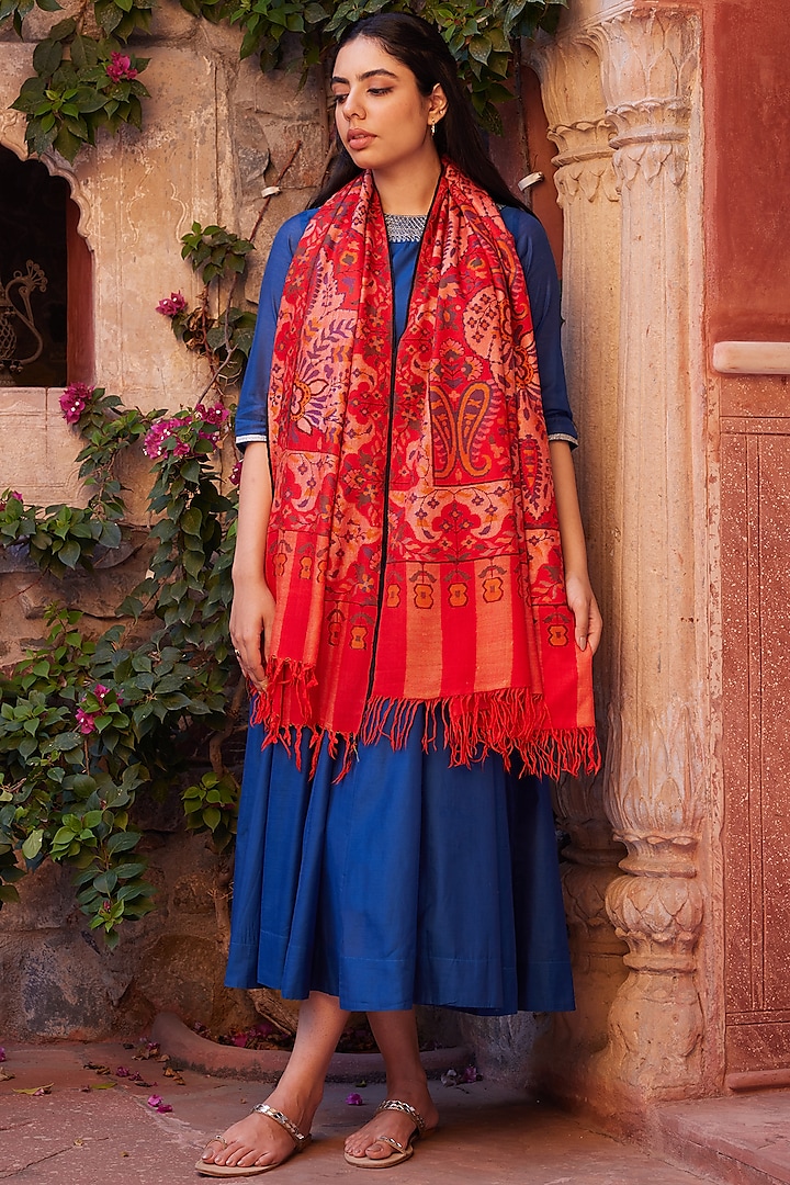 Blood Red Pure Pashmina Hand Embroidered Shawl by Toosh Kashmir at Pernia's Pop Up Shop