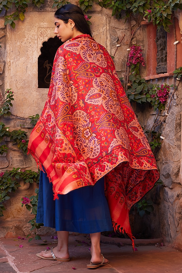 Blood Red Pure Pashmina Hand Embroidered Shawl by Toosh Kashmir at Pernia's Pop Up Shop