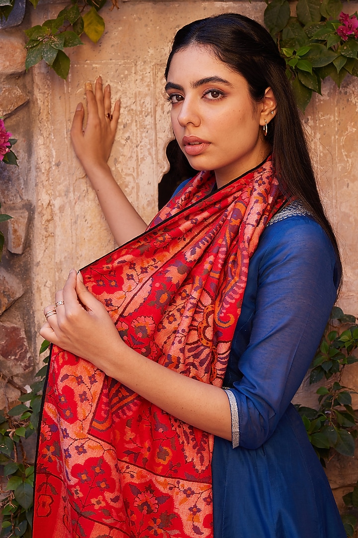 Blood Red Pure Pashmina Hand Embroidered Shawl by Toosh Kashmir at Pernia's Pop Up Shop