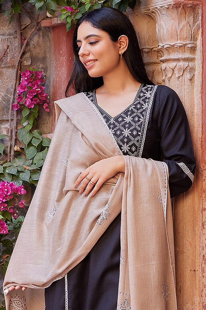 Beige Pure Pashmina Hand Embroidered Shawl by Toosh Kashmir at Pernia's Pop Up Shop