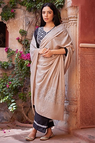 Beige Pure Pashmina Hand Embroidered Shawl by Toosh Kashmir