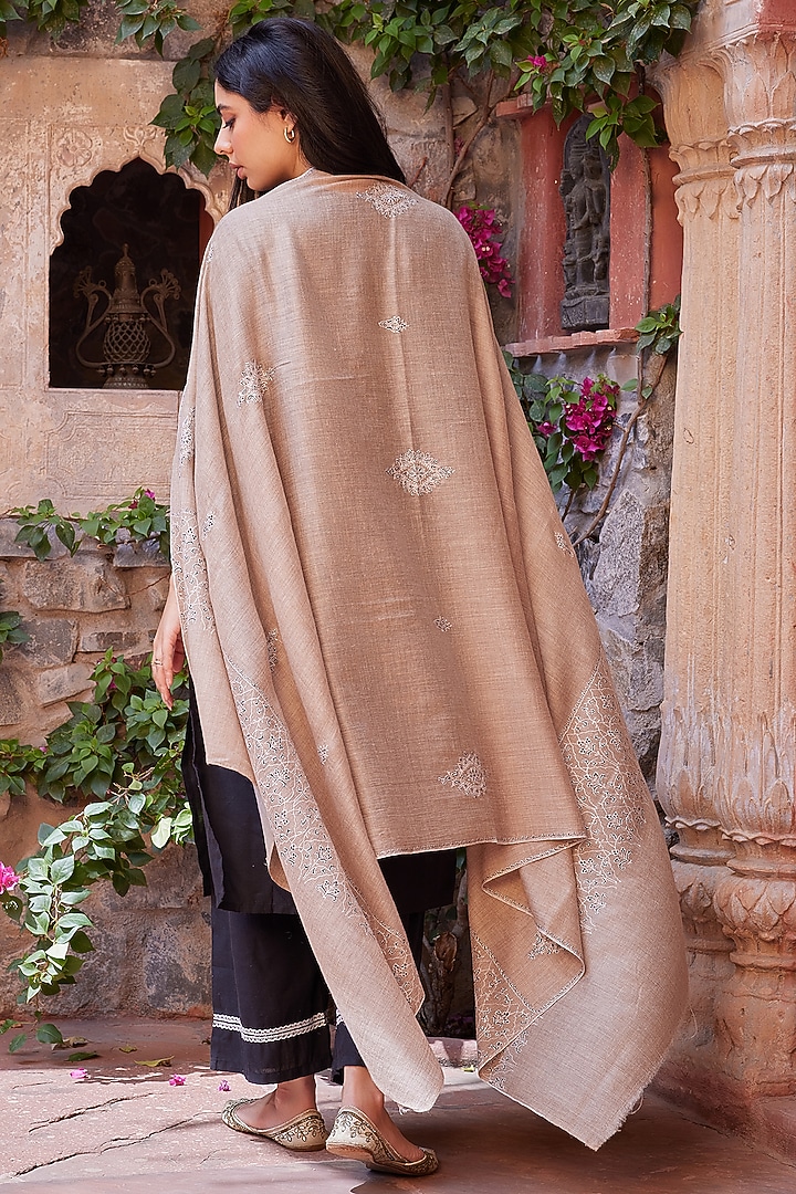 Beige Pure Pashmina Hand Embroidered Shawl by Toosh Kashmir at Pernia's Pop Up Shop