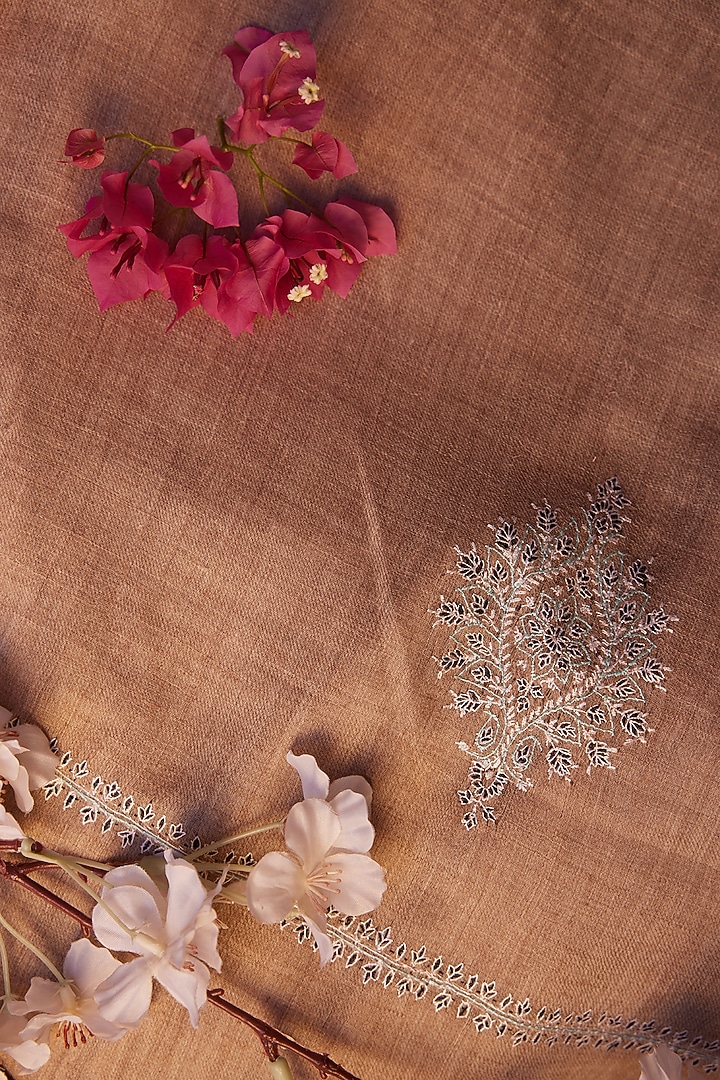 Beige Pure Pashmina Hand Embroidered Shawl by Toosh Kashmir at Pernia's Pop Up Shop