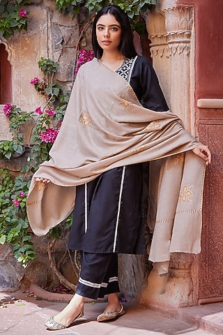 Beige Pure Pashmina Hand Embroidered Shawl by Toosh Kashmir