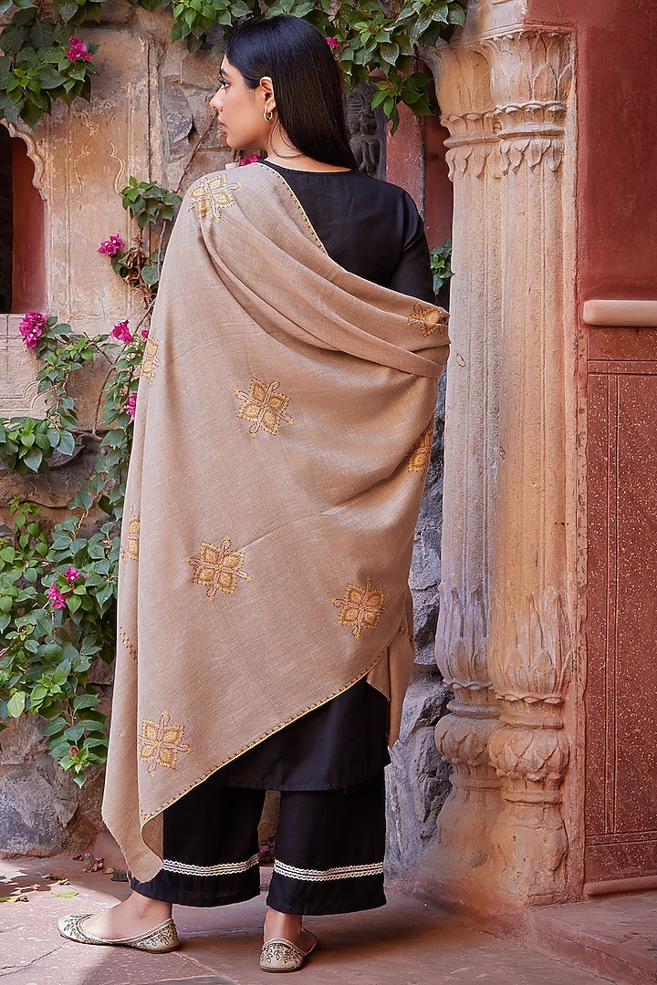 Beige Pure Pashmina Hand Embroidered Shawl by Toosh Kashmir at Pernia's Pop Up Shop