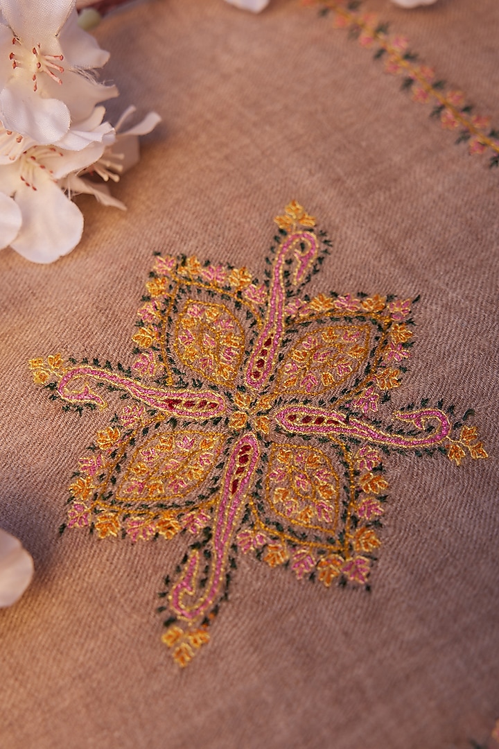 Beige Pure Pashmina Hand Embroidered Shawl by Toosh Kashmir at Pernia's Pop Up Shop