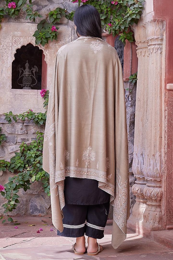 Dark Beige Pure Pashmina Hand Embroidered Shawl by Toosh Kashmir at Pernia's Pop Up Shop