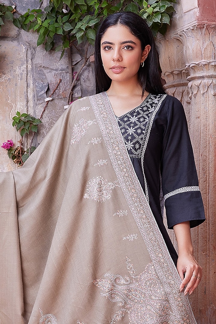 Dark Beige Pure Pashmina Hand Embroidered Shawl by Toosh Kashmir at Pernia's Pop Up Shop