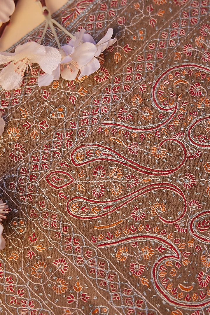 Dark Beige Pure Pashmina Hand Embroidered Shawl by Toosh Kashmir at Pernia's Pop Up Shop