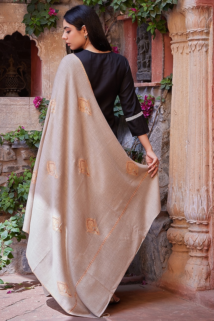 Beige Pure Pashmina Hand Embroidered Shawl by Toosh Kashmir at Pernia's Pop Up Shop