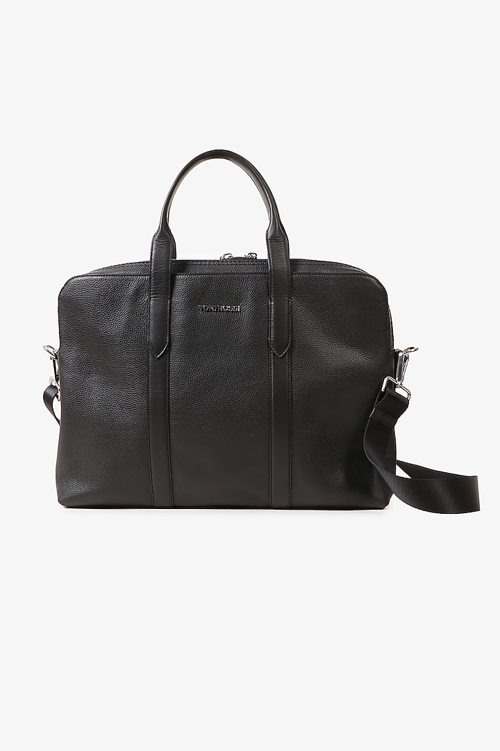 Black Hand Finished Saffiano Leather Laptop Bag by TONI ROSSI MEN at Pernia's Pop Up Shop