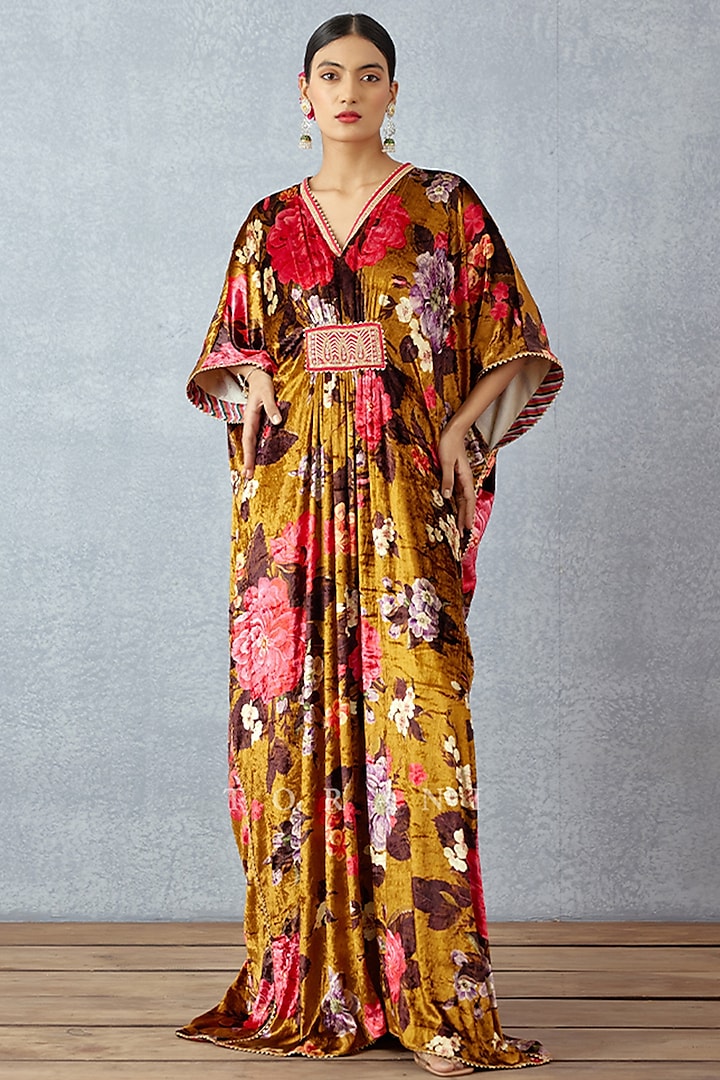 Ochre Yellow Printed Kaftan by TORANI