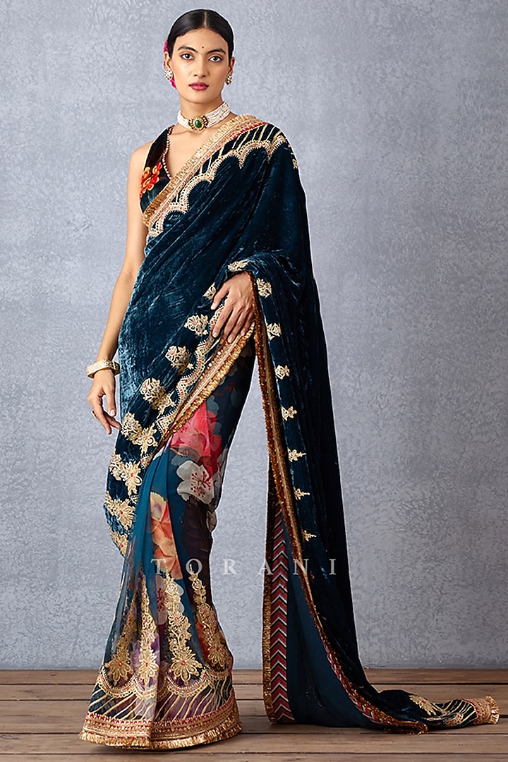 Navy Blue Printed & Embroidered Saree by TORANI at Pernia's Pop Up Shop