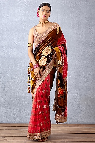 Red Hand Embroidered Saree by TORANI