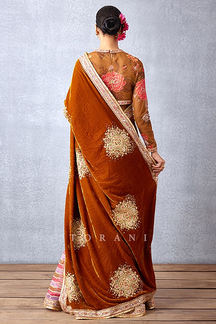 Ochre Yellow Silk Velvet Stripe Printed Pre-Stitched Reception Saree by TORANI at Pernia's Pop Up Shop