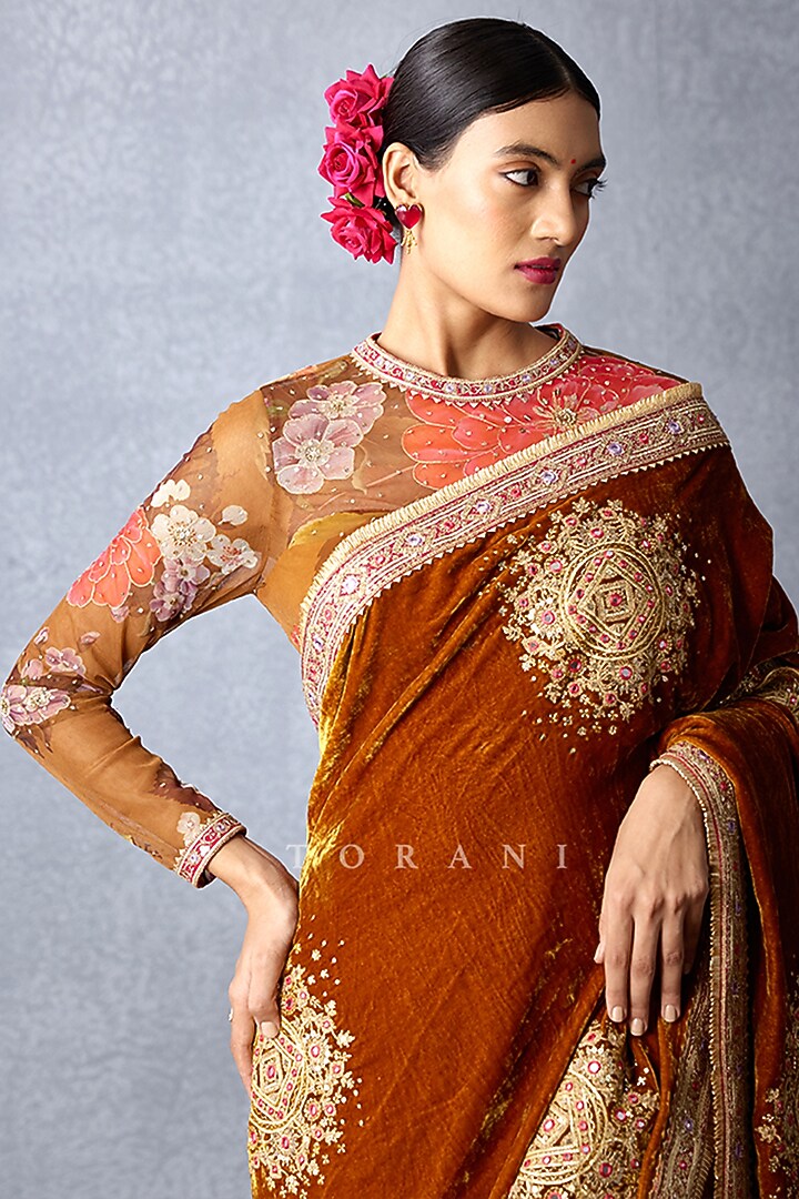 Ochre Yellow Silk Velvet Stripe Printed Pre-Stitched Reception Saree by TORANI at Pernia's Pop Up Shop