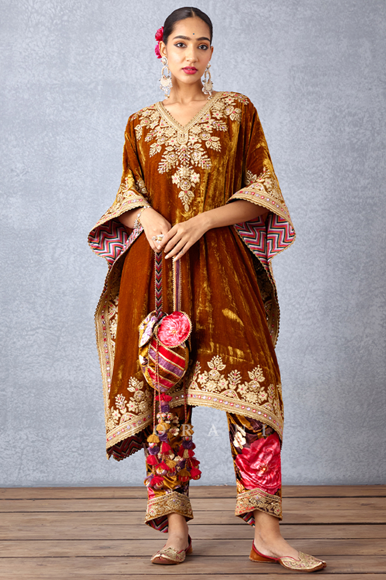 Ochre Yellow Embroidered Kaftan Set by TORANI at Pernia's Pop Up Shop