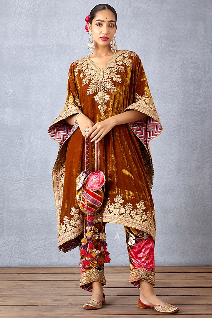 Ochre Yellow Embroidered Kaftan Set by TORANI at Pernia's Pop Up Shop