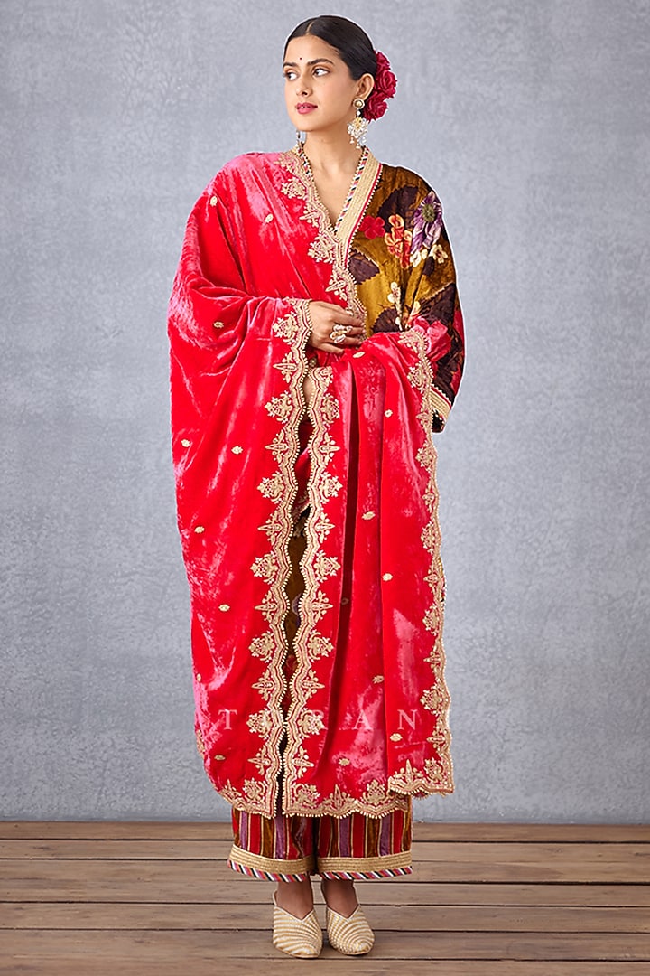 Fiery Pink Velvet Scallop Embroidered Doshala by TORANI at Pernia's Pop Up Shop