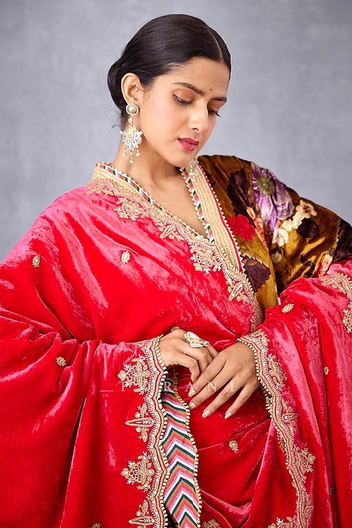 Fiery Pink Velvet Scallop Embroidered Doshala by TORANI at Pernia's Pop Up Shop