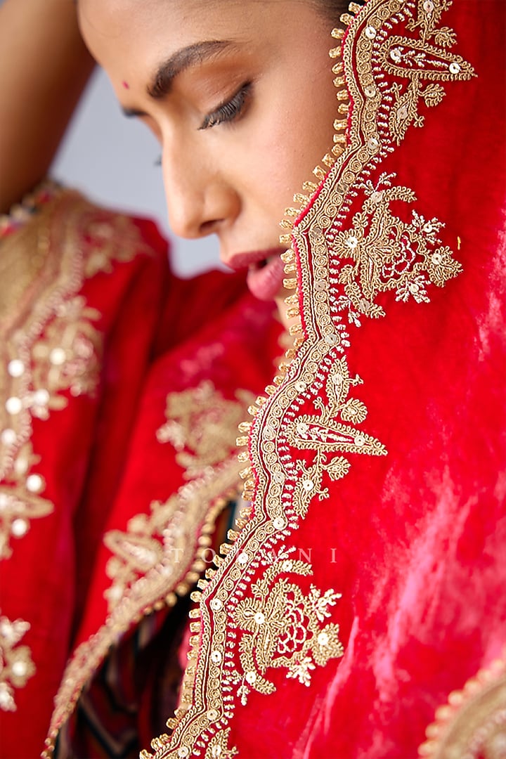 Fiery Pink Velvet Scallop Embroidered Doshala by TORANI at Pernia's Pop Up Shop