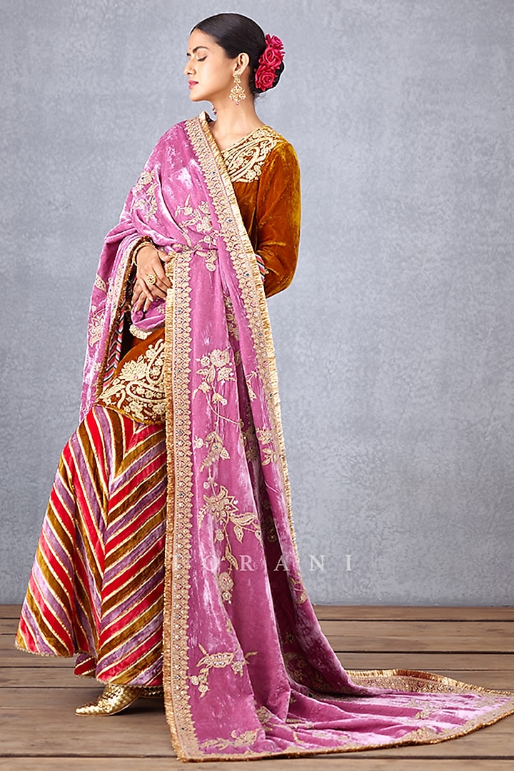 Pink Silk Velvet Jaal & Sequin Embroidered Doshala by TORANI