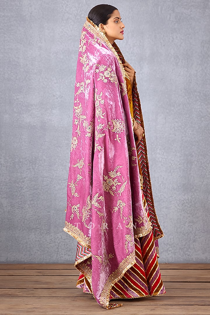 Pink Silk Velvet Jaal & Sequin Embroidered Doshala by TORANI at Pernia's Pop Up Shop