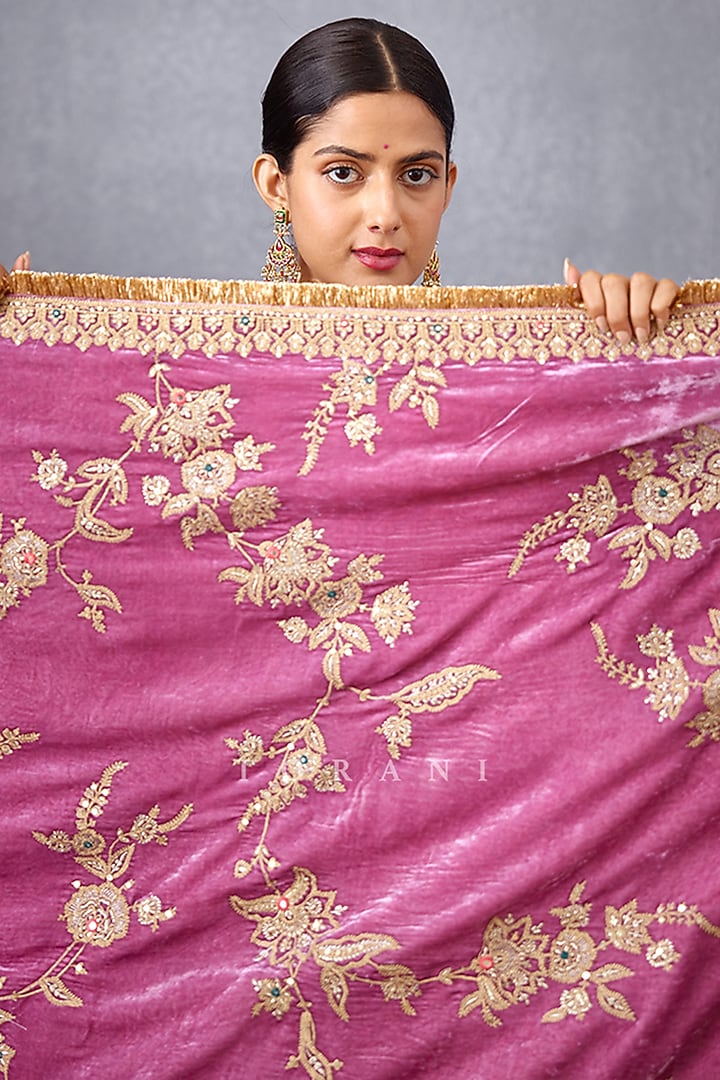 Pink Silk Velvet Jaal & Sequin Embroidered Doshala by TORANI at Pernia's Pop Up Shop