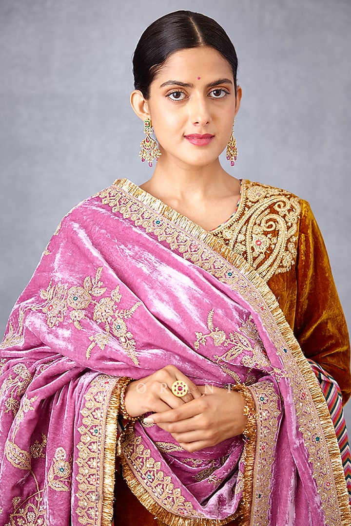 Pink Silk Velvet Jaal & Sequin Embroidered Doshala by TORANI at Pernia's Pop Up Shop