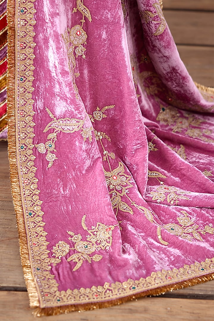 Pink Silk Velvet Jaal & Sequin Embroidered Doshala by TORANI at Pernia's Pop Up Shop