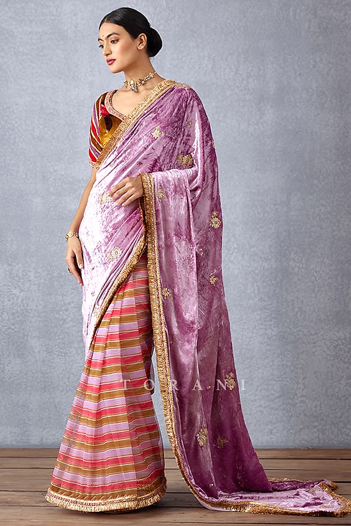 Wisteria Pink Silk Velvet Gota Embroidered Saree  by TORANI at Pernia's Pop Up Shop