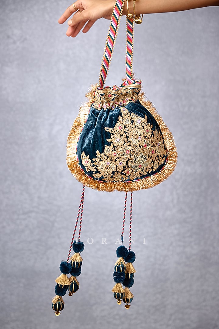 Blue Embroidered Potli by TORANI at Pernia's Pop Up Shop