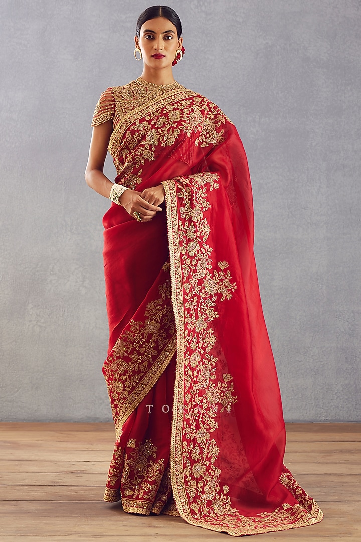 Bright Red Embroidered Reception Saree by TORANI at Pernia's Pop Up Shop