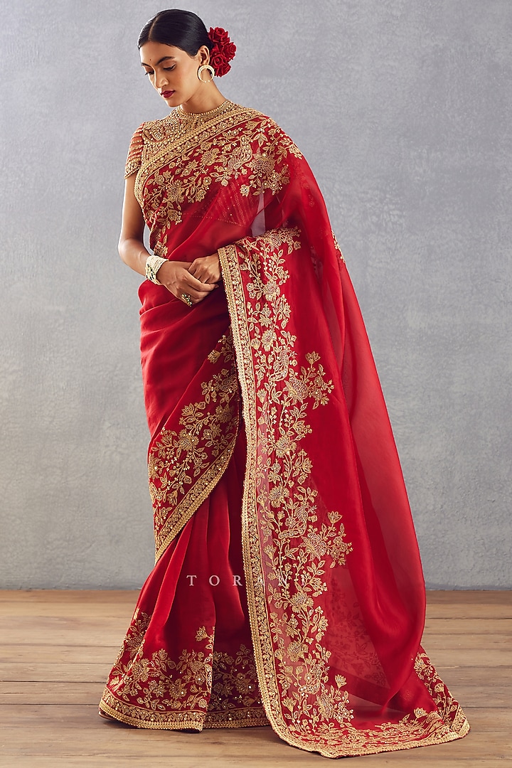 Bright Red Embroidered Reception Saree by TORANI at Pernia's Pop Up Shop