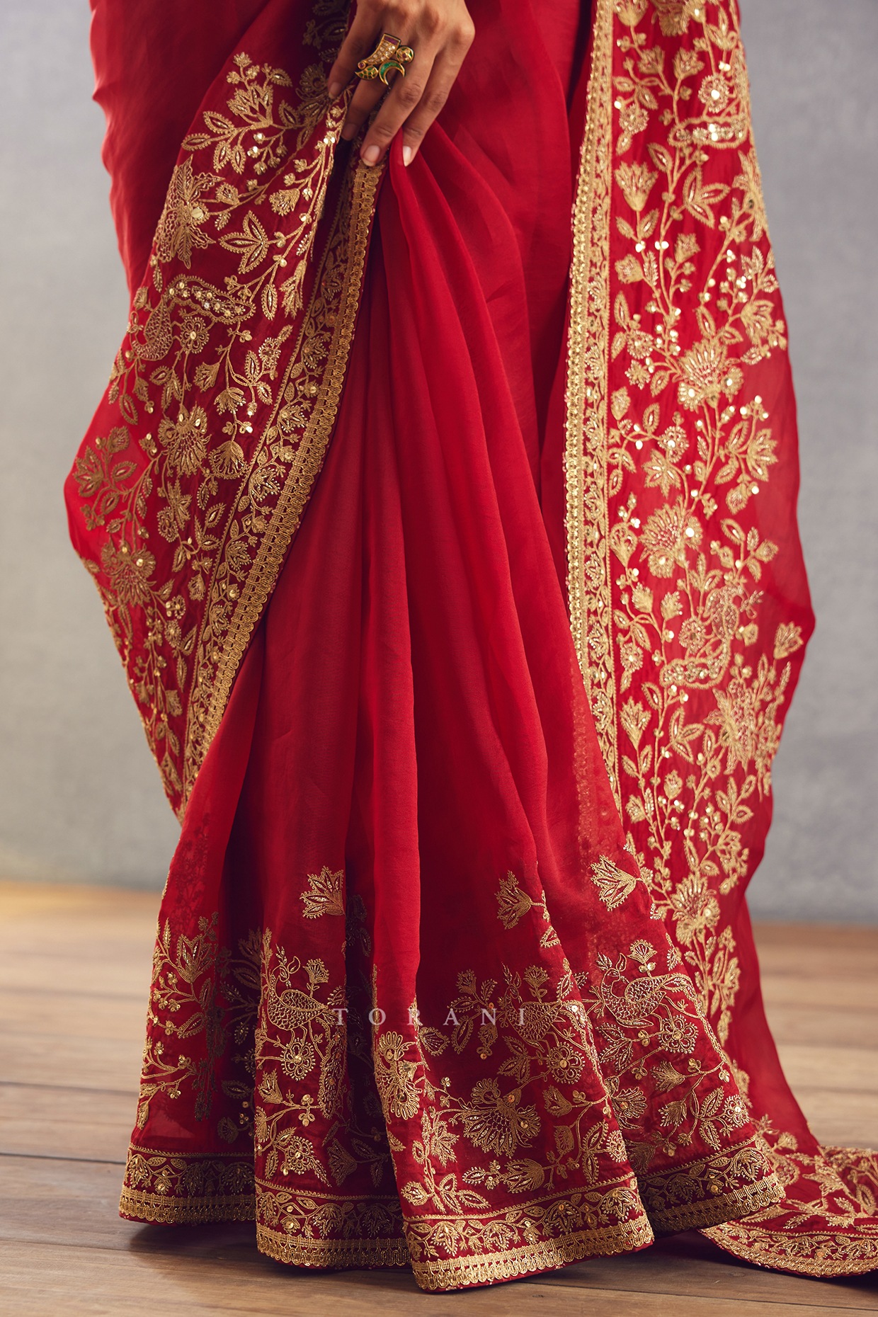 Buy Organza Bright Red Ethnic Designer Saree Online