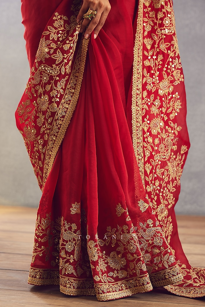 Bright Red Embroidered Reception Saree by TORANI at Pernia's Pop Up Shop