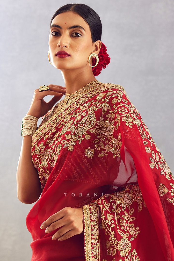Bright Red Embroidered Reception Saree by TORANI at Pernia's Pop Up Shop
