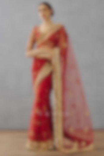 Bright Red Hand Embroidered Wedding Saree by TORANI at Pernia's Pop Up Shop